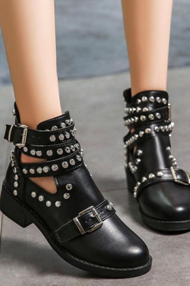 Women Ankle Motorcycle Boots 2021 Rivet Low Heels Platform Vintage Leather Belt Buckle Martens Shoes Females Sandals 35-43 Sizes