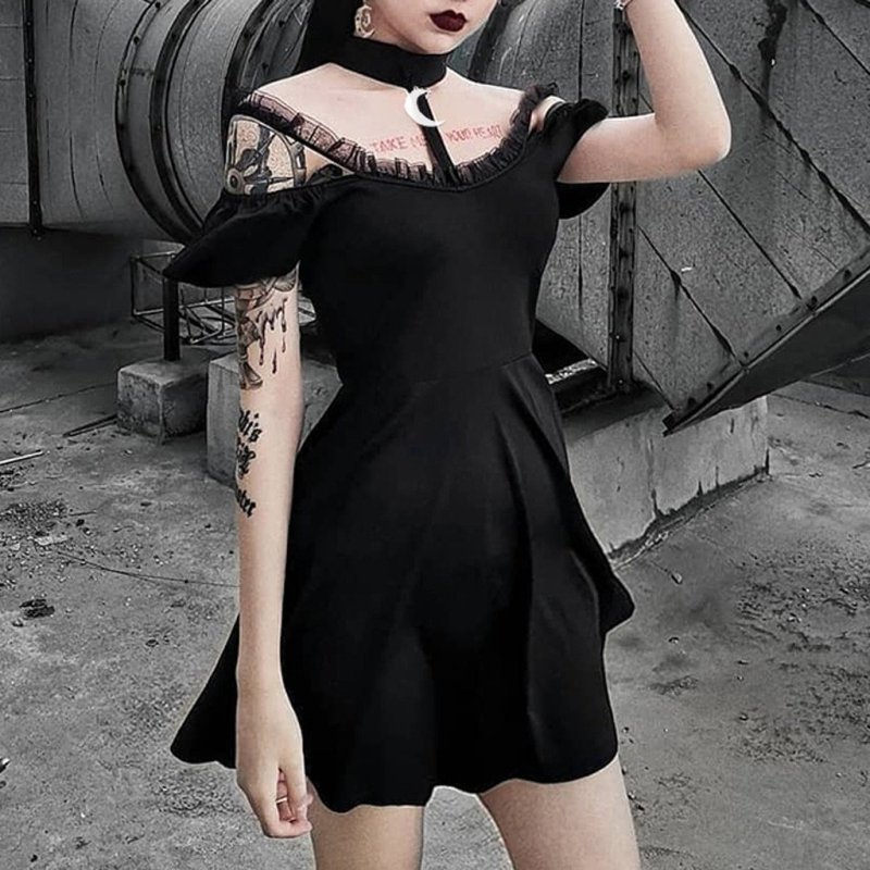 EBUYTIDE New Women's good-selling dress punk style dark black products Gothic style retro strapless lace sexy dress
