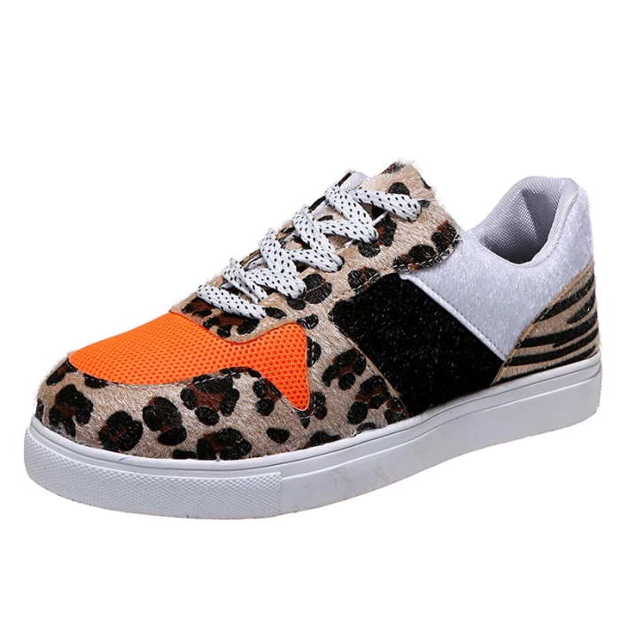 New Women Leopard Vulcanized Shoes Female Sneaker Lace-Up Flat Comfort Faux Fur Shallow Leisure Ladies Footwear Zapatos De Mujer