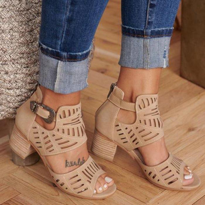 Women Artificial Leather Chunky Heel Adjustable Buckle Sandals