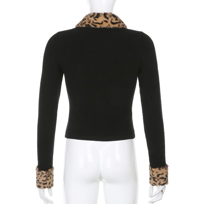 Leopard Fur Trim Collar Y2K Cardigan Ribbed Knit Zip Up Jumper