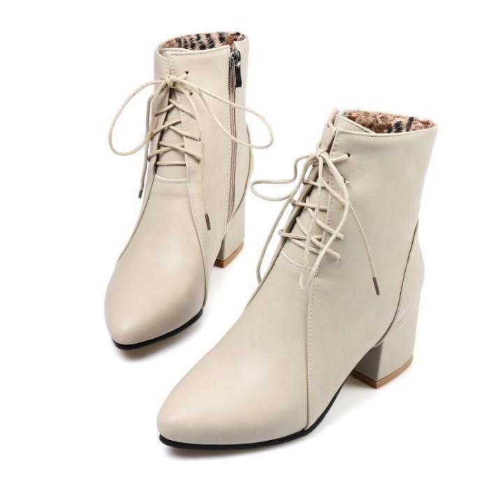 Pointed Toe Side Zipper Lace Up Solid Color Short Boots