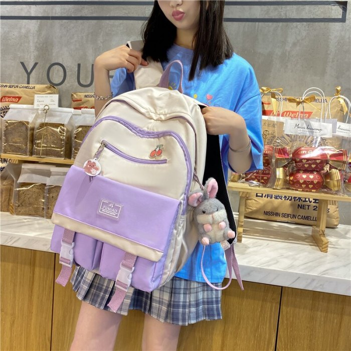 New Contrast Color Waterproof Nylon Women Backpack Female Multi-pocket Big Schoolbag Teenage Girls Lovely Travel Bag