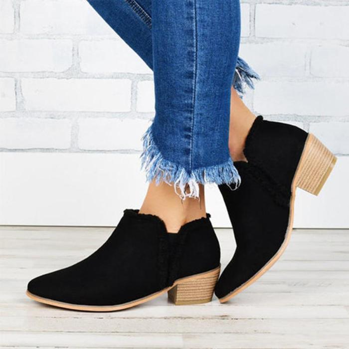 Chunky Low Heeled Velvet Round Toe Casual Outdoor Ankle Boots