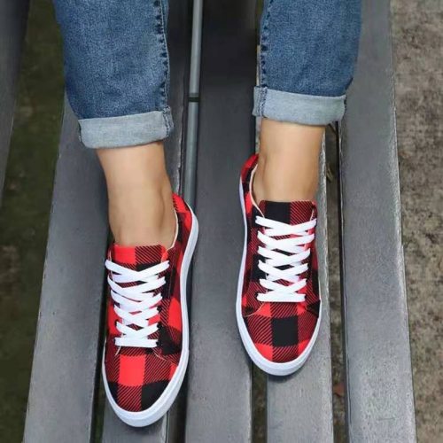 2021 New Canvas Flat Shoes Women Sneakers Casual Grid Leopard Flats Simple Classic Lace-up Spring Shoes Female Plus size