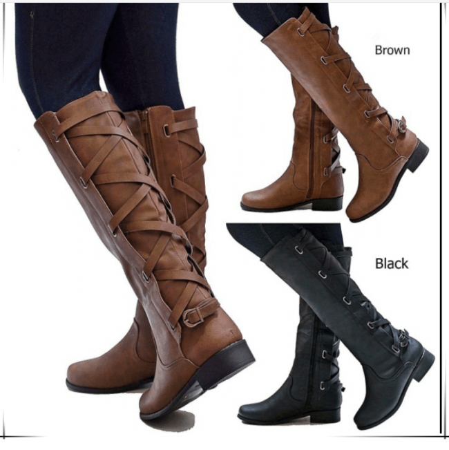Knee High Leather Low Heel Lace Up Boots