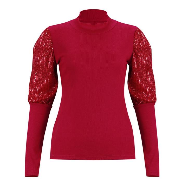 Women Sexy Ribbed T-shirt Turtleneck Skinny Sequined Puff Sleeve Patchwork T-shirt and Tops Shirt Women Slim Shirt Clubwear Tops
