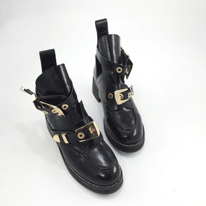 Women's buckle strap round toe boots PU ankle boots