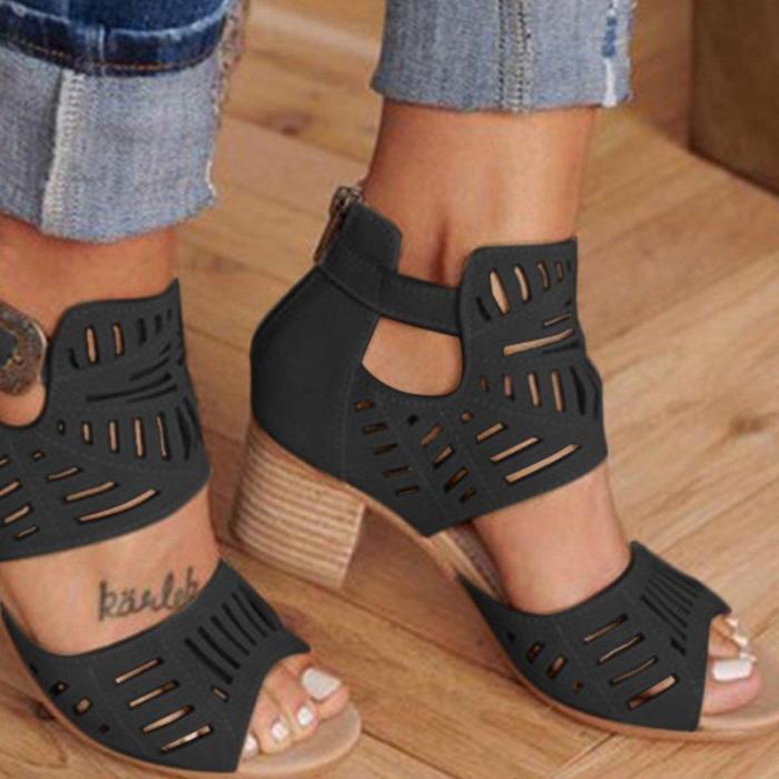 Women Artificial Leather Chunky Heel Adjustable Buckle Sandals