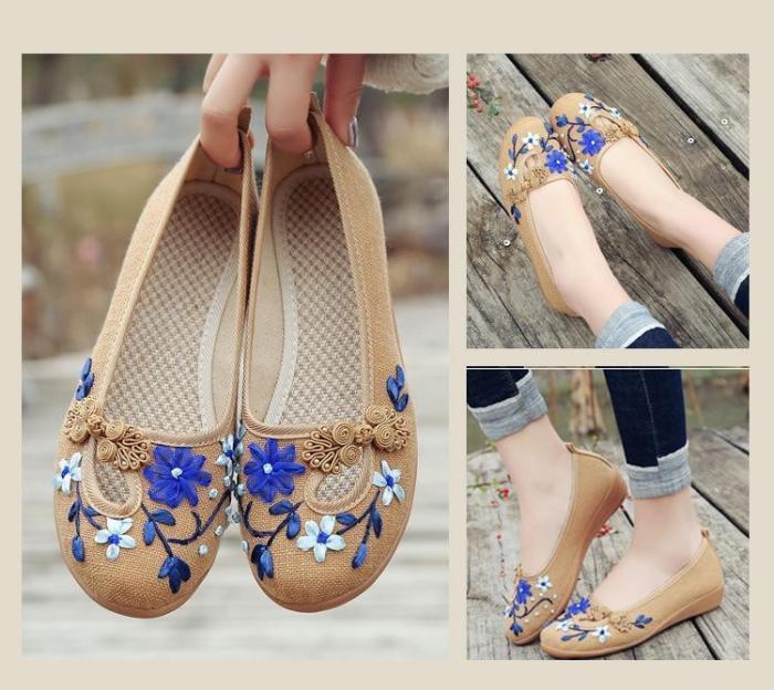 3D Flowers Women Linen Slip On Ballet Flats Breathable Fabric Shoes