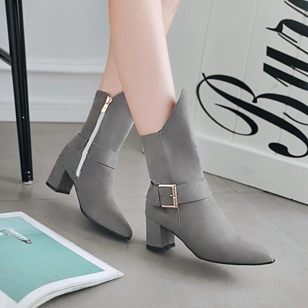 Solid Color Pointed Toe Hasp Low Chunky Heel Half Irregular Boots with Plus Size 48