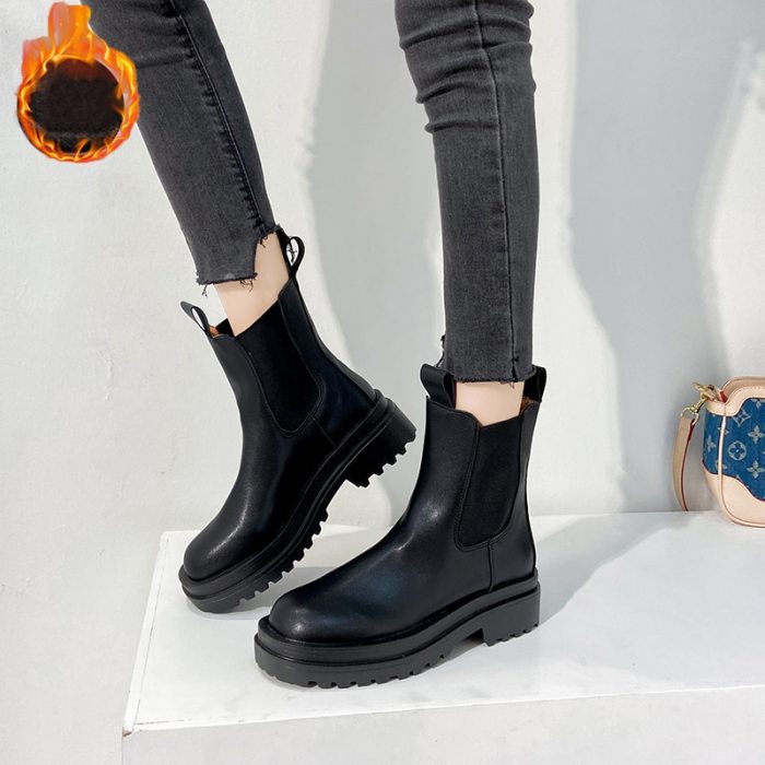 Chunky Boots Women Winter Shoes PU Leather Plush Ankle Boots Black Female Autumn Chelsea Boots Fashion Platform Booties