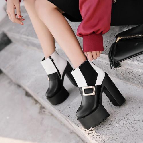 Color Block Side Zipper Platform High Chunky Heels Short Boots