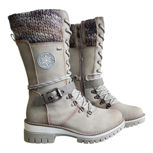 2021 Women Winter Buckle Lace Knitted Mid-calf Boots Low Heel Round Toe Boots Top Quality Winter Warm Boots Women Botas De Mujer