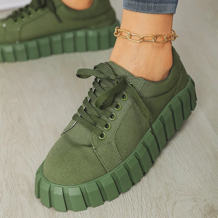 Woman's Vulcanized Shoes Sneakers Lace-Up Solid Casual Platform Canvas Flat Shoes Without Heels Female Flats Ladies Floor