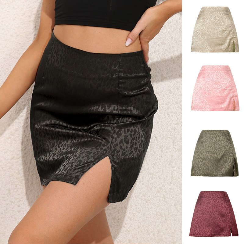 Women High-waisted Elastic Waist Skirt Sexy Faldas Leopard Print High Waist Split Sexy Jacquard Satin Kawaii Summer Mini Skirts