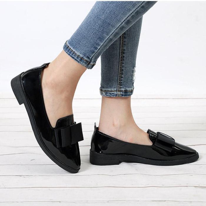 Women Bowtie Loafers Patent Leather Elegant Low Heels Slip On Flats Shoes