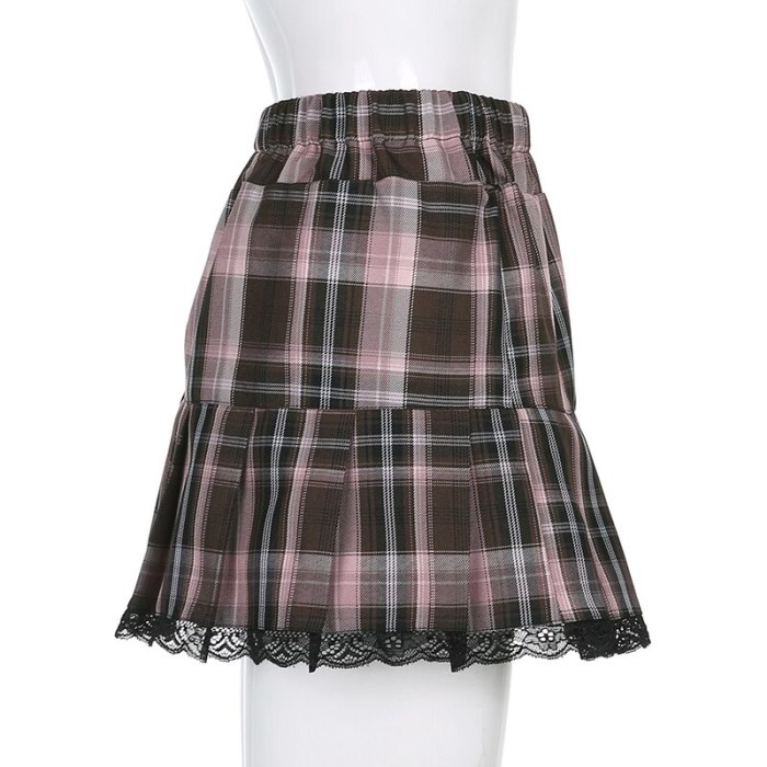 Striped Plaid Y2K Skirts Womens Lace Trim Hem Mini Skirt
