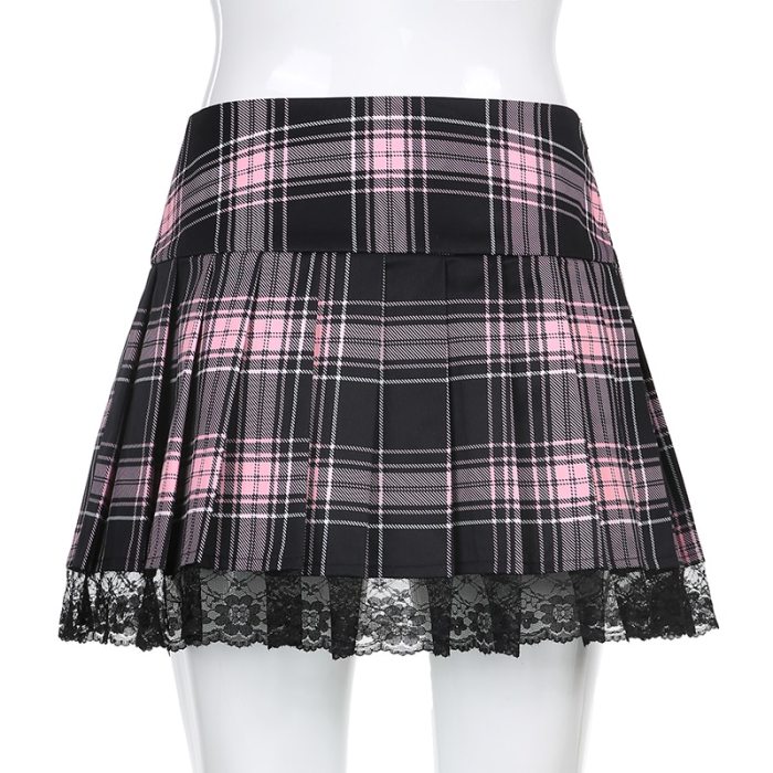 Y2K Woman Stripe Plaid Lace Trim Pleated Skirt
