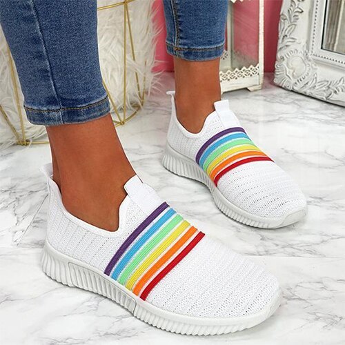 2021 Women Sneakers Woman Vulcaniaed Female Rainbow Color Stripes Loafers Women's Slip On Flat Lady Soft Mesh Shoes Plus Size