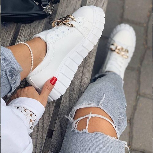 Women's Trendy Sneakers 2021 Autumn New Round Toe Ladies Lace Up Casual Shoes With Chain Female Running Walking Sport Flats