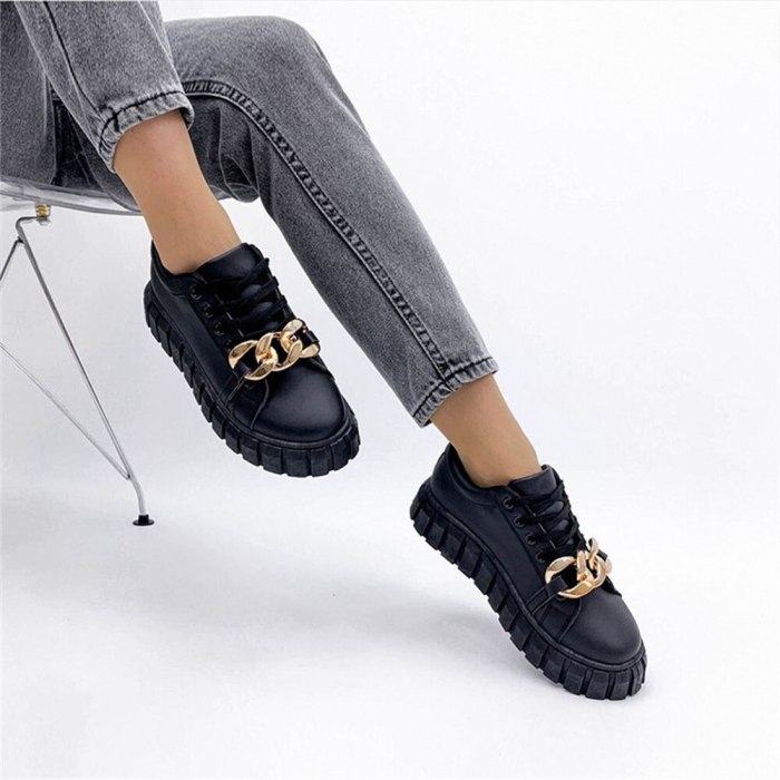 Women's Trendy Sneakers 2021 Autumn New Round Toe Ladies Lace Up Casual Shoes With Chain Female Running Walking Sport Flats