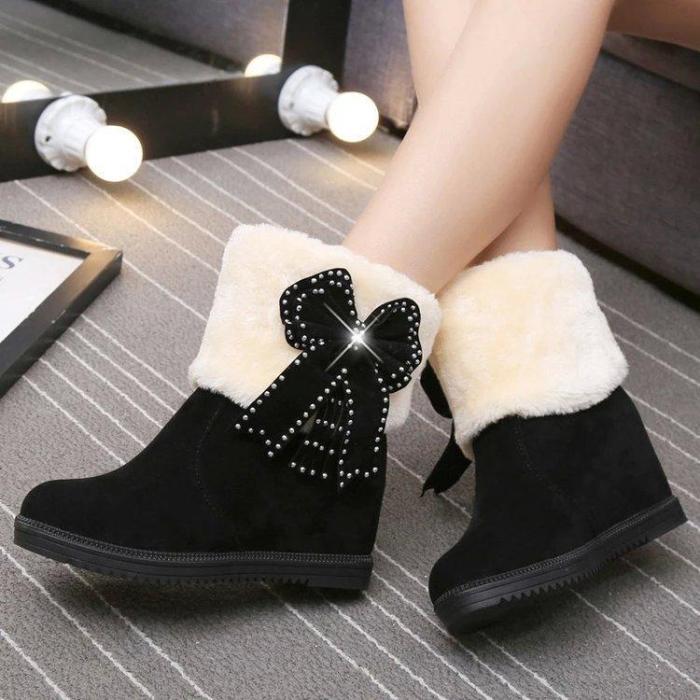 Warm Faux Fur Velvet Inside Wedge Bowknot Crystal Short Snow Boots