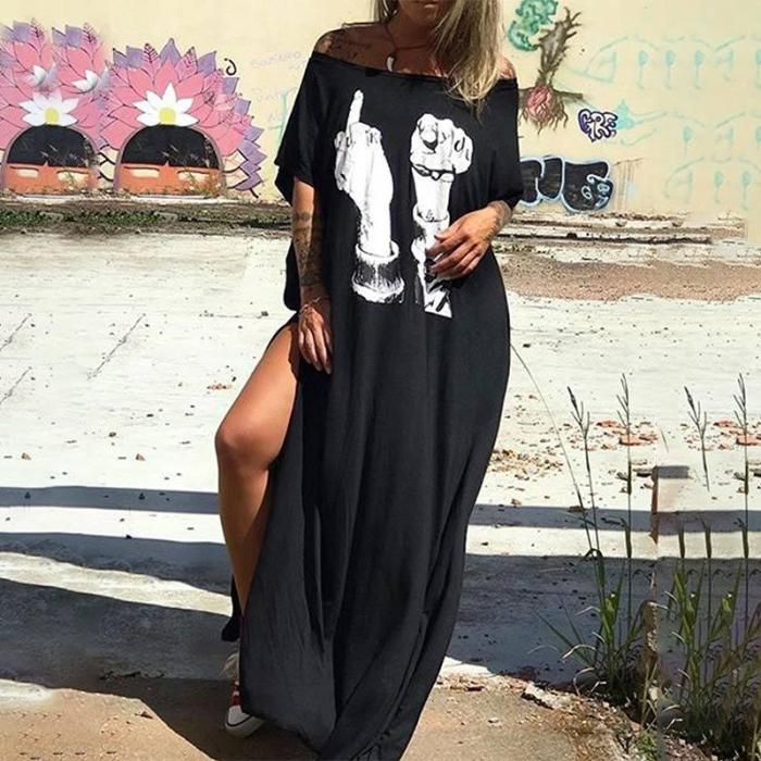 3XL Plus Size Summer Dresses Women Punk Style Loose Short Sleeve Skull Print Shirt Dress Street Side High Split Flower Print