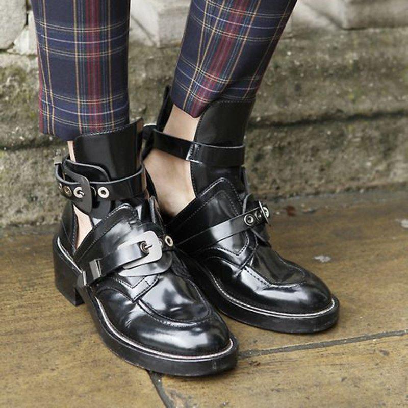 Women's buckle strap round toe boots PU ankle boots
