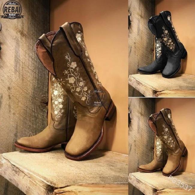 Woman Embroidery Boots Mild-calf Female Casual Low Heels Vintage West Cowboy Autumn Winter Leather Shoes Women's Cowboy Boots