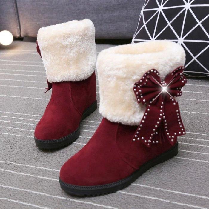 Warm Faux Fur Velvet Inside Wedge Bowknot Crystal Short Snow Boots