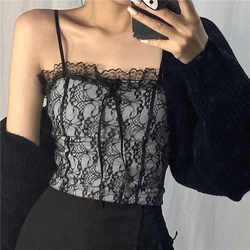 Women Sexy Camis Tops Summer Lace Trimming Spaghetti Straps Vest Sleeveless Formfitting Braces Slim Fit Short Camisole for Girls