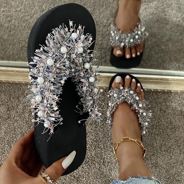 Female Shoes Low Fringe String Bead Big Size Slippers Soft Rubber Flip Flops Beige Heeled Sandals Slides 2021 Comfort Hawaiian F