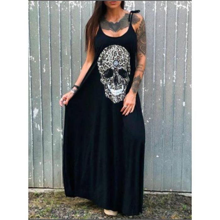 3XL Plus Size Summer Dresses Women Punk Style Loose Short Sleeve Skull Print Shirt Dress Street Side High Split Flower Print