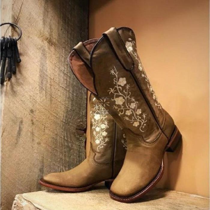 Woman Embroidery Boots Mild-calf Female Casual Low Heels Vintage West Cowboy Autumn Winter Leather Shoes Women's Cowboy Boots