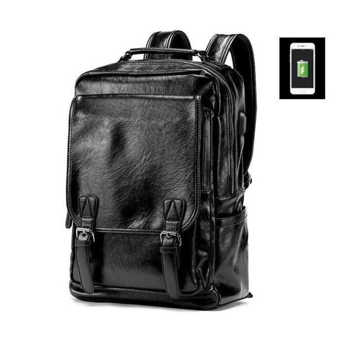 Brand High Quality Men Backpack Leather School Back Bag Waterproof USB Travel Bag Solid Large Teenager Bookbag Male