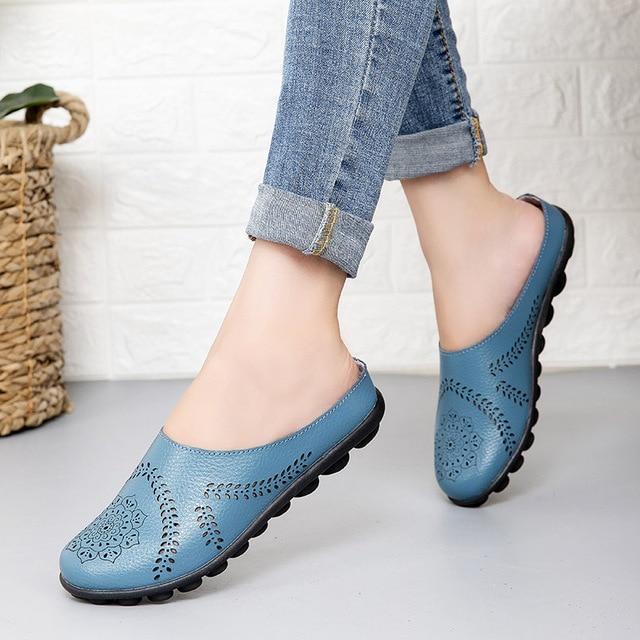 Cow Muscle Ballet Flower Print Women Genuine Leather Flats Loafer Shoes