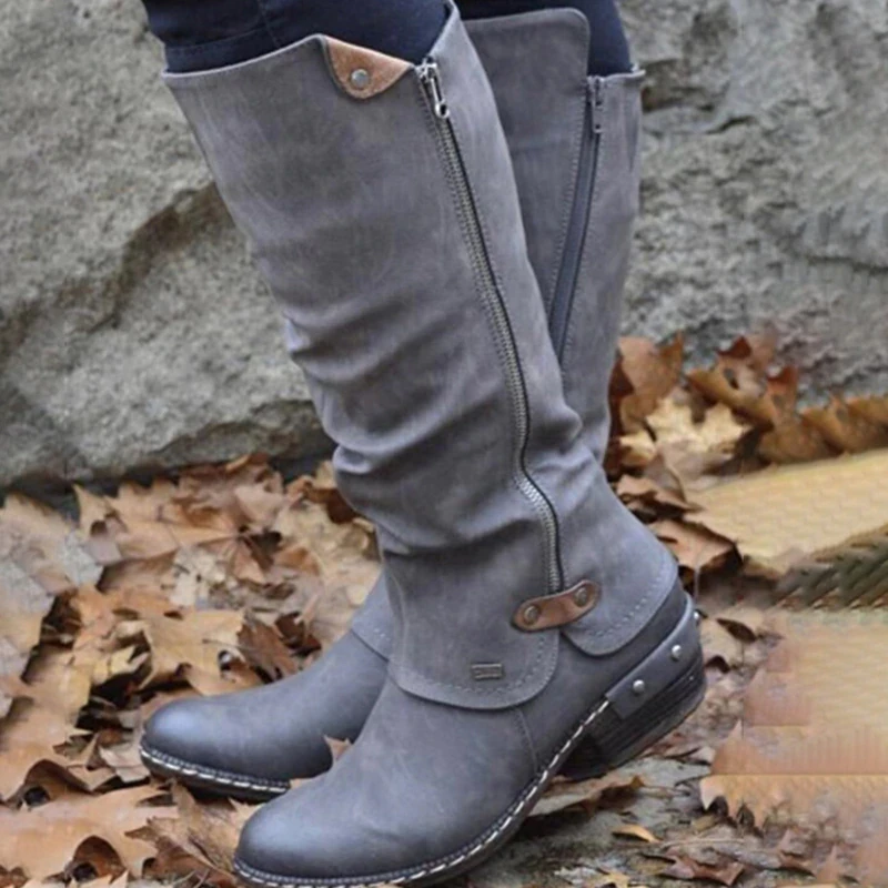 Winter Women's Vintage Mid Calf Boots Ladies PU Leather Zip Shoes Female Sewing Casual Low Heels Woman Soft Footwear Plus Size