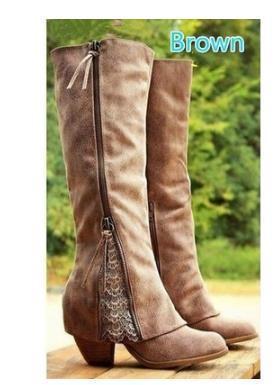 Lace Suede Patchwork Side Zipper Chunky Low Heels Knee Boots