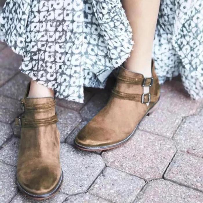 Large Size Buckle Low Heel Boots