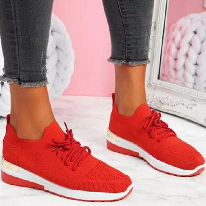 Vulcanize Shoes Sneakers Women Shoes Ladies Lace Up Knit Solid Color Sneakers For Female Sport Mesh Casual Shoes For Women 2021