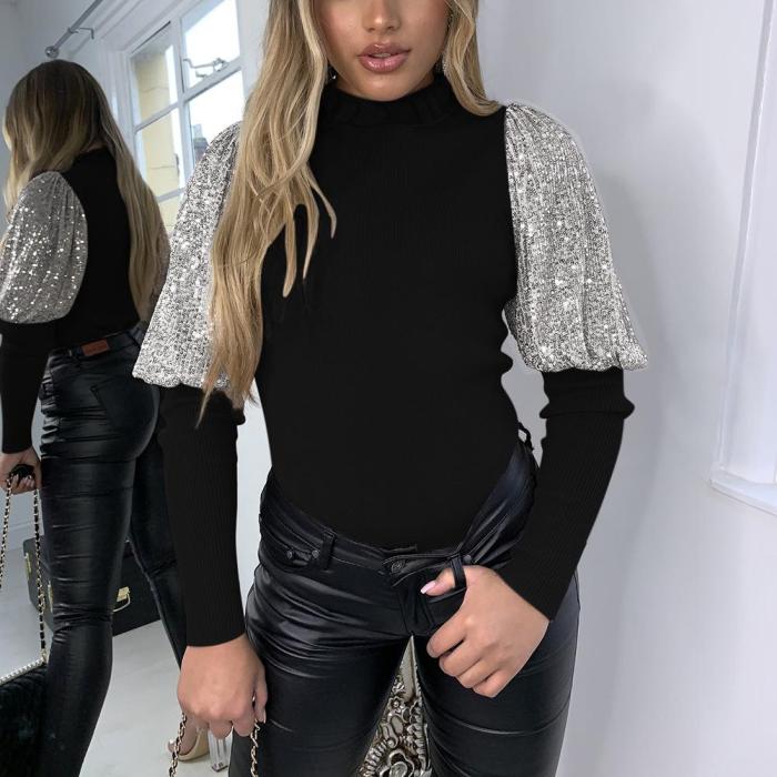Women Sexy Ribbed T-shirt Turtleneck Skinny Sequined Puff Sleeve Patchwork T-shirt and Tops Shirt Women Slim Shirt Clubwear Tops