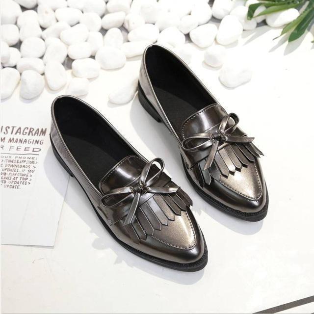 Woman Casual Tassel Bow Pointed Toe Black Oxford Comfortable Slip on Flats