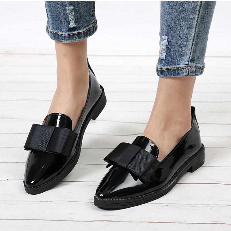 Women Bowtie Loafers Patent Leather Elegant Low Heels Slip On Flats Shoes
