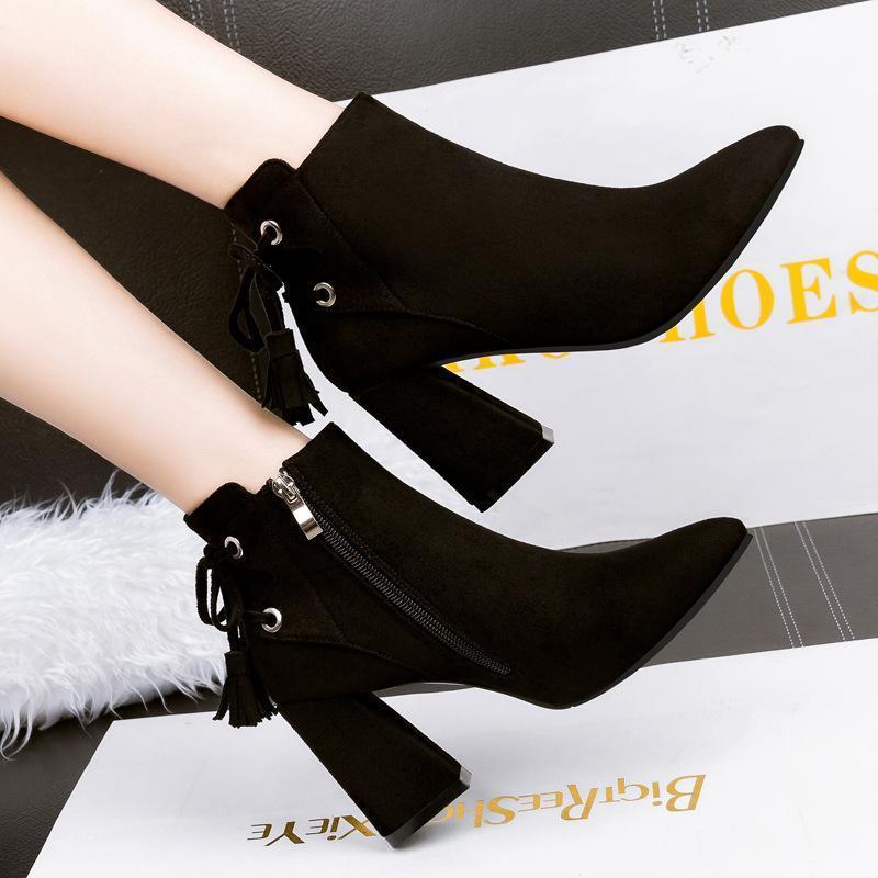 Pointed Toe Back Lace Up Tassels Middle Chunky Heels Short Boots