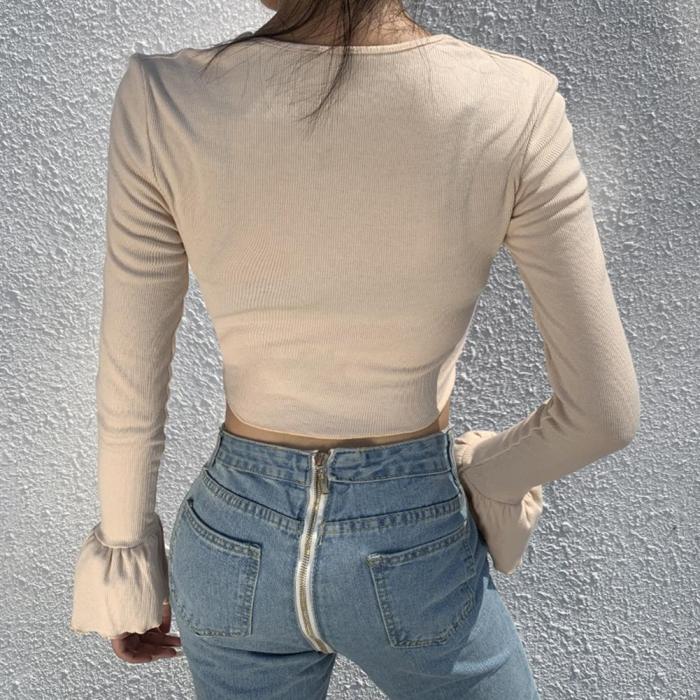 Cotton Ribbed Knitted Deep V-Neck Sexy T-shirt Front Button Ruffles Long Flare Sleeve Autumn Elegant Women Cropped Tops