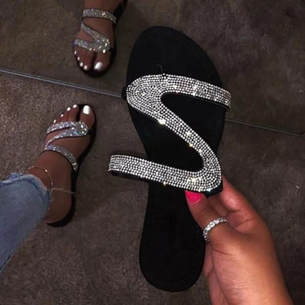 Casual Shiny Embellished Toe Post Slippers