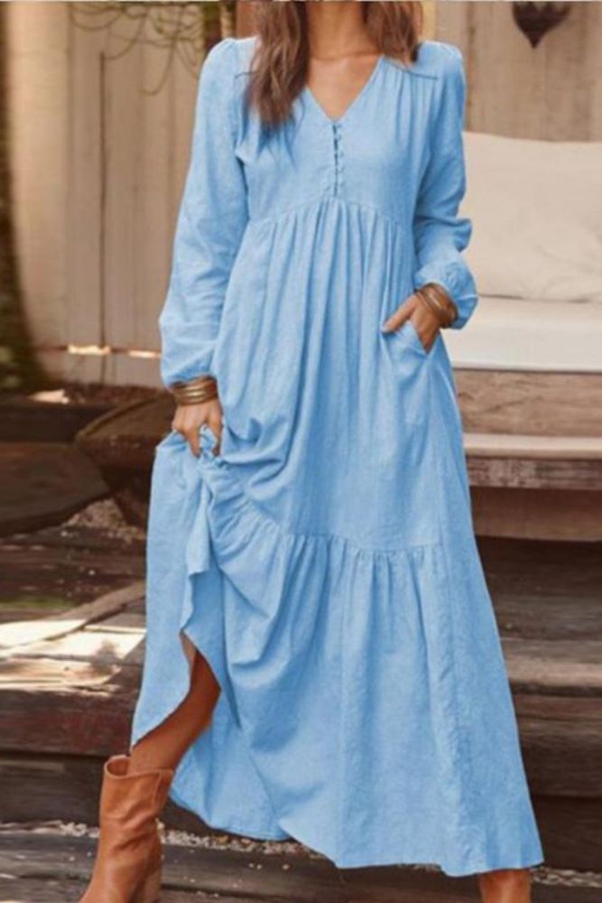 Casual Cotton And Linen Retro Casual Long Sleeve Vacation Maxi Dress