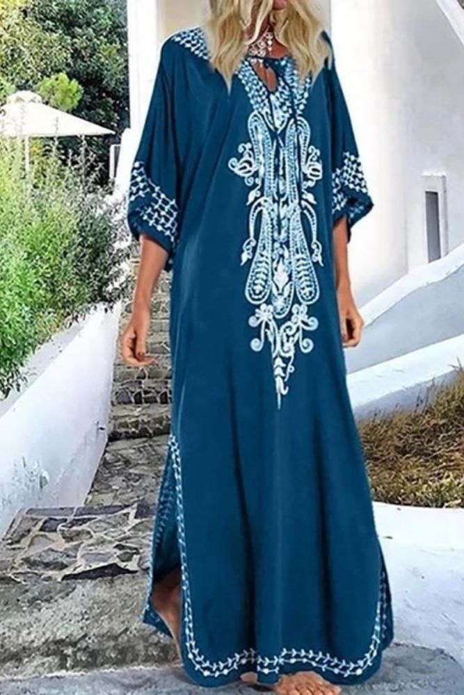 Casual V Neck Embroidery Maxi Dress