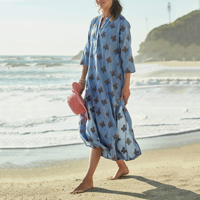 Commuting Loose V-Neck Printed Colour Casual Maxi Dress